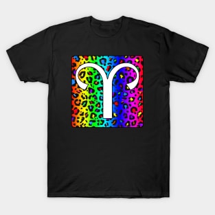 Aries Zodiac Horoscope Rainbow Leopard Print Square Monogram T-Shirt